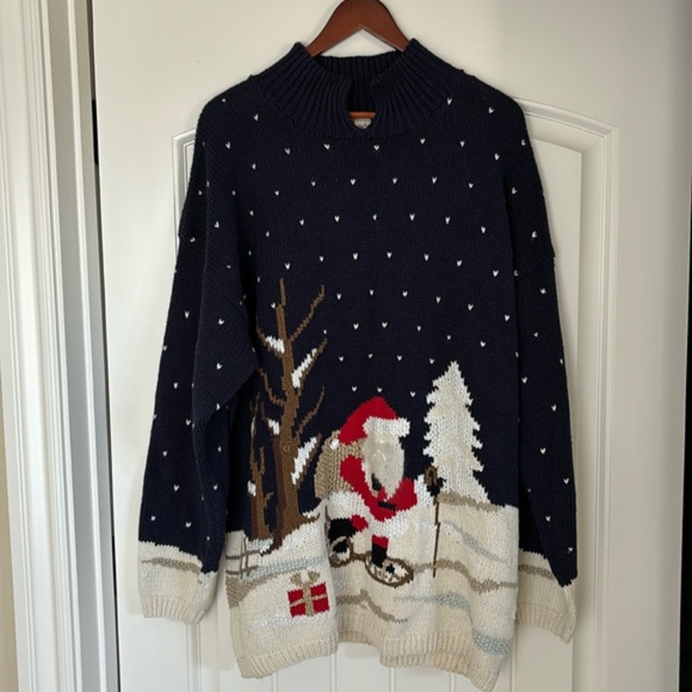 Lauren Hansen Knitted By Hand Santa Blue Christmas Chunky Knit Sweater Womens 3X